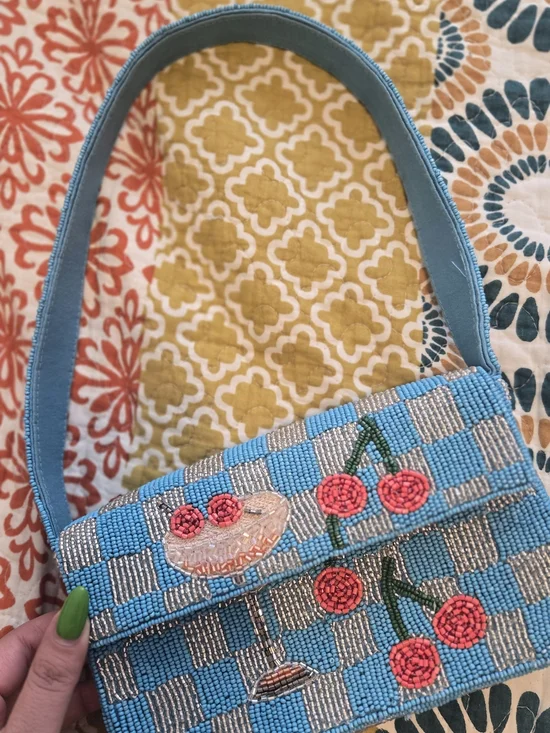 Anthropologie Blue Beaded Cherry Appliqué Shoulder Bag - Picture 2 of 6